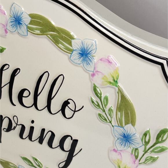 Hello Spring Enamel Metal Wall Sign Easter Decor Pink and Blue Flowers - Picture 4 of 12